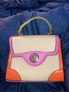Aldo Straw Satchel with Pink Trim, Orange Accents & Yellow Handle